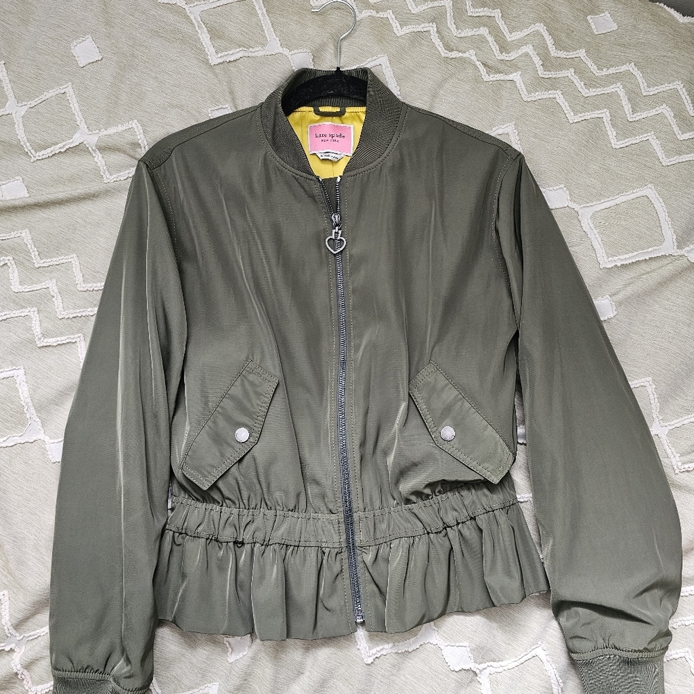 Kate Spade Twill Flounce Bomber Olive Green Jacket XS - Picture 13 of 15